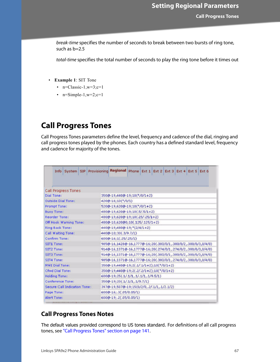 Call progress tones, Call progress tones notes, Setting regional parameters | Linksys BUSINESS SPA922 User Manual | Page 74 / 196