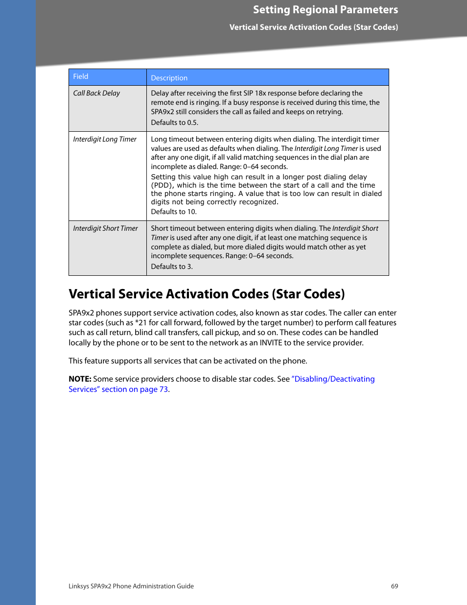 Vertical service activation codes (star codes), Setting regional parameters | Linksys BUSINESS SPA922 User Manual | Page 76 / 196