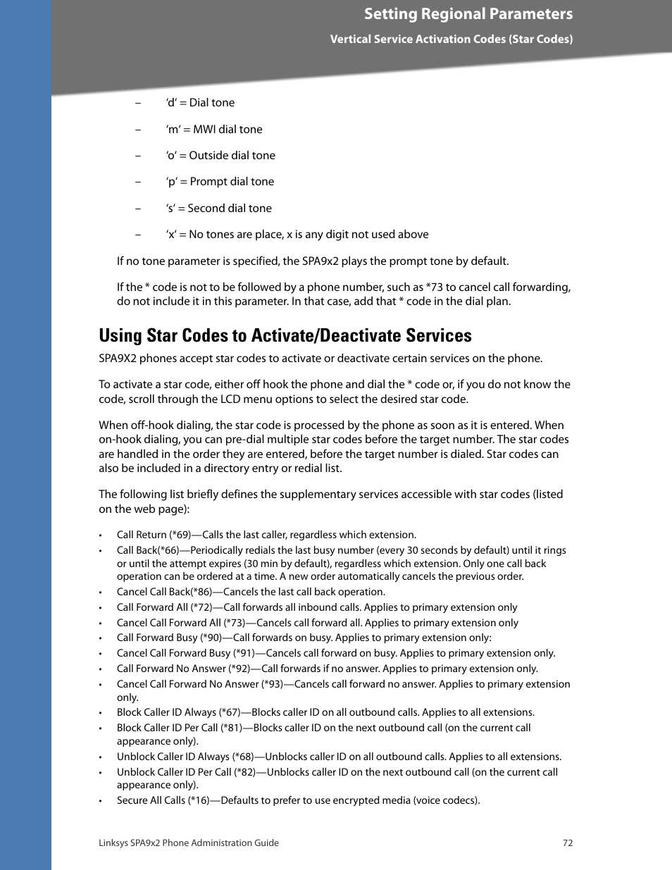 Using star codes to activate/deactivate services, Setting regional parameters | Linksys BUSINESS SPA922 User Manual | Page 79 / 196