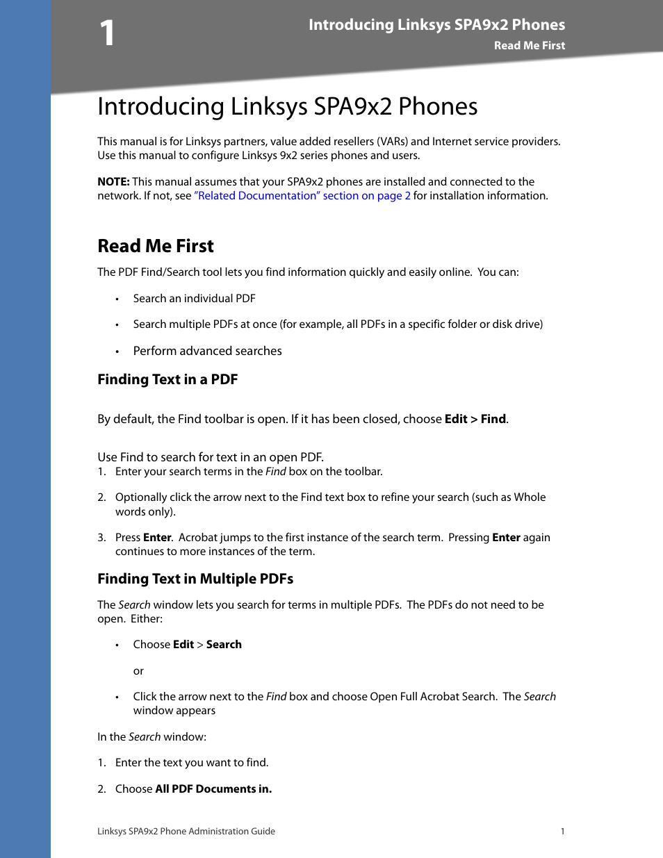 Introducing linksys spa9x2 phones, Read me first, Finding text in a pdf | Finding text in multiple pdfs, Chapter 1: introducing linksys spa9x2 phones | Linksys BUSINESS SPA922 User Manual | Page 8 / 196