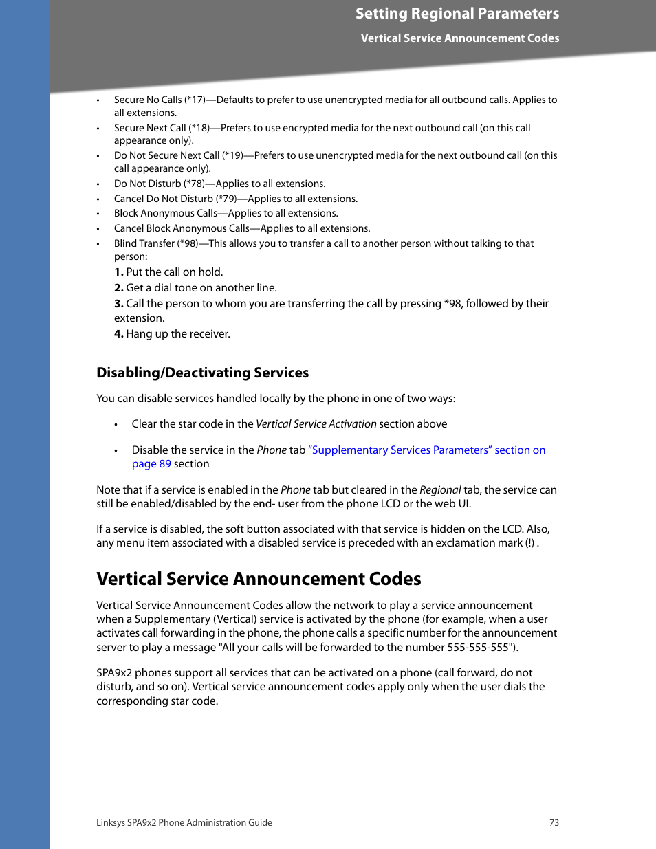 Disabling/deactivating services, Vertical service announcement codes, Setting regional parameters | Linksys BUSINESS SPA922 User Manual | Page 80 / 196