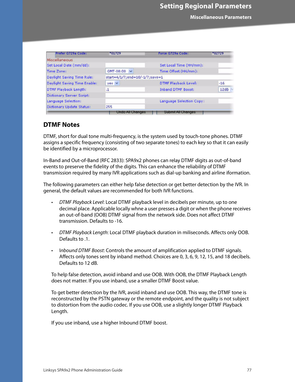 Dtmf notes, Setting regional parameters | Linksys BUSINESS SPA922 User Manual | Page 84 / 196