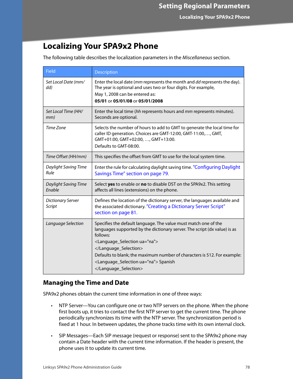 Localizing your spa9x2 phone, Managing the time and date, Setting regional parameters | Linksys BUSINESS SPA922 User Manual | Page 85 / 196
