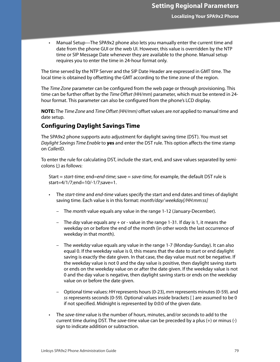 Configuring daylight savings time, Configuring daylight, Setting regional parameters | Linksys BUSINESS SPA922 User Manual | Page 86 / 196