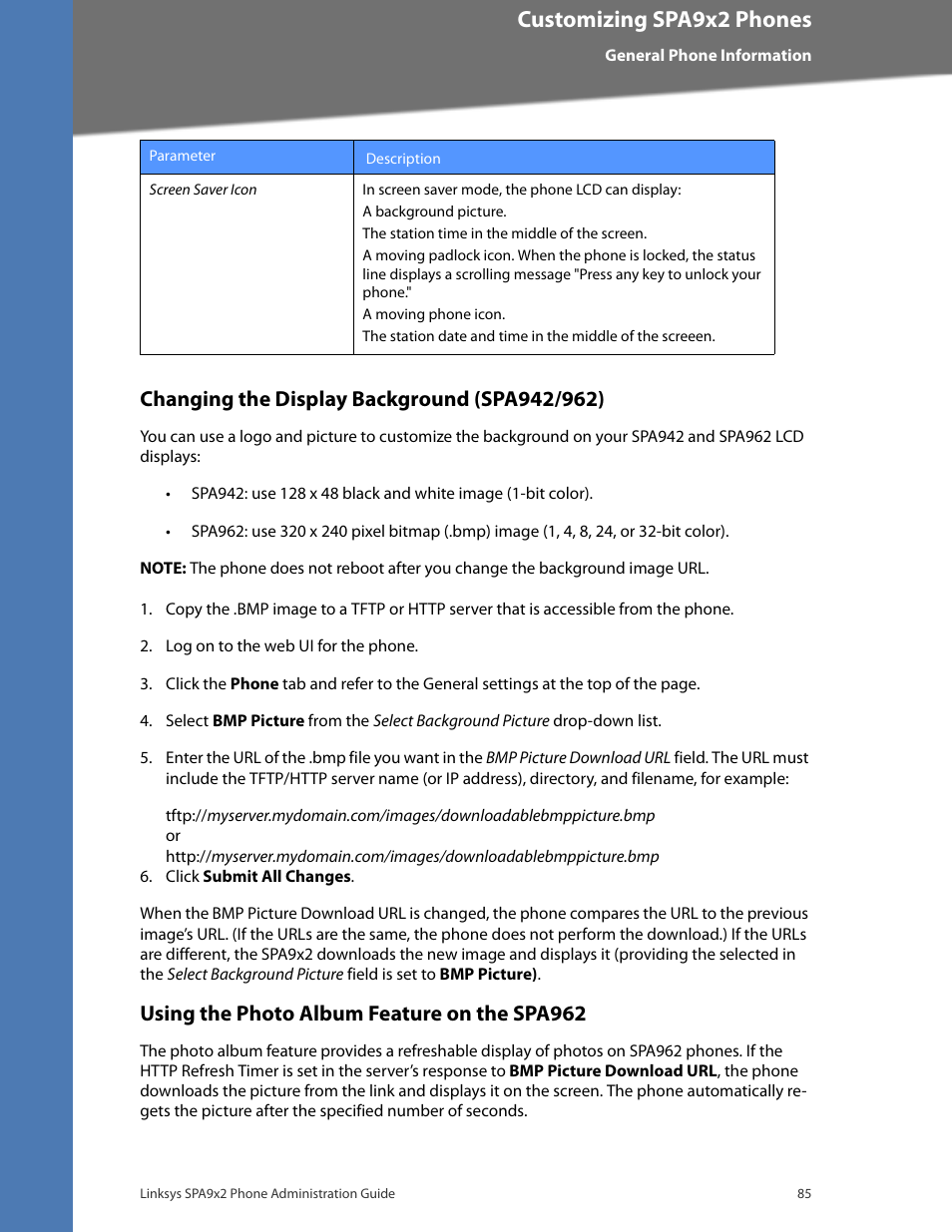 Changing the display background (spa942/962), Using the photo album feature on the spa962, Customizing spa9x2 phones | Linksys BUSINESS SPA922 User Manual | Page 92 / 196