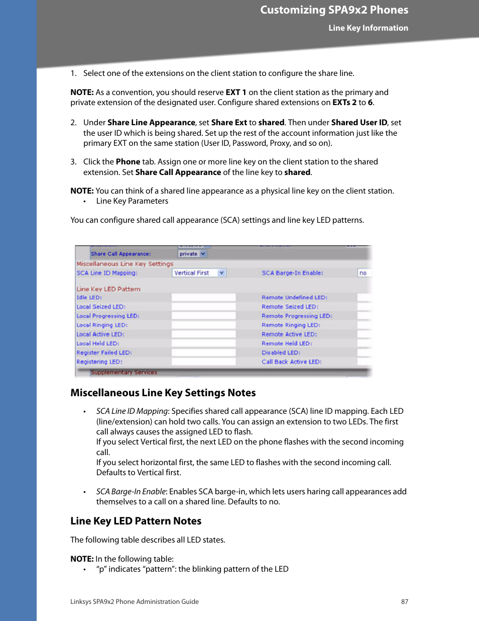 Miscellaneous line key settings notes, Line key led pattern notes, Miscellaneous line key notes | Customizing spa9x2 phones | Linksys BUSINESS SPA922 User Manual | Page 94 / 196