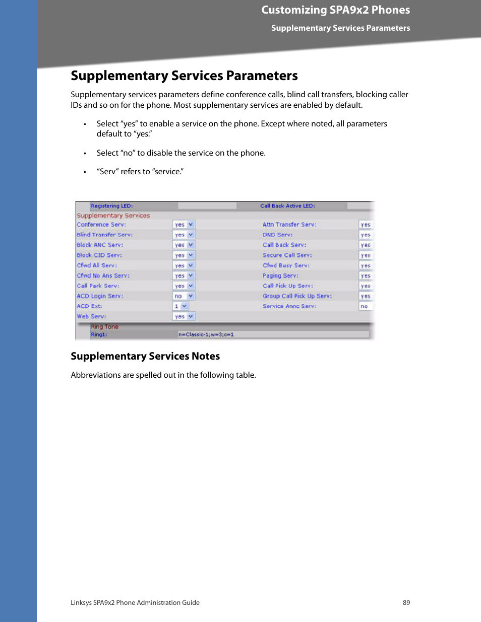 Supplementary services parameters, Supplementary services notes, Secur | Customizing spa9x2 phones | Linksys BUSINESS SPA922 User Manual | Page 96 / 196