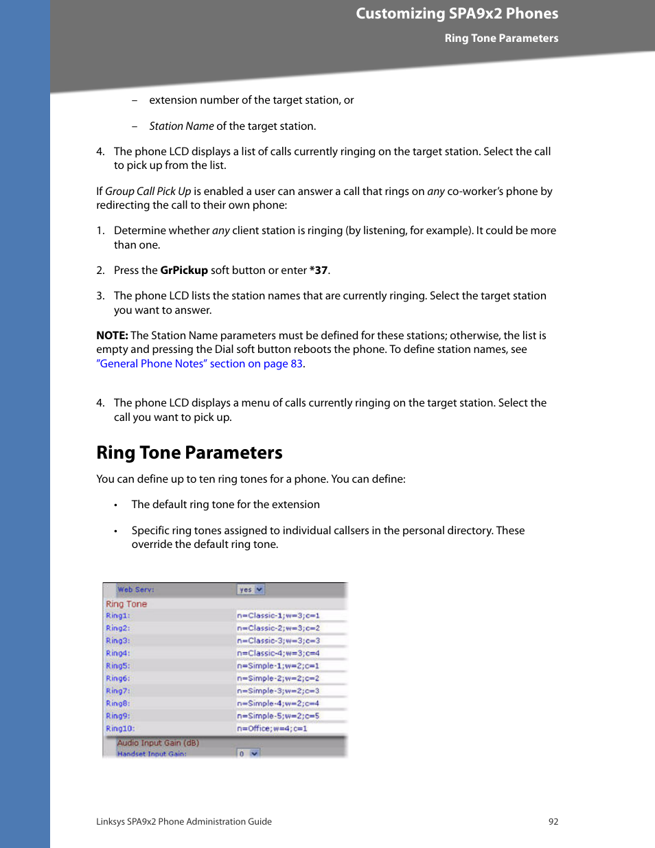 Ring tone parameters, Customizing spa9x2 phones | Linksys BUSINESS SPA922 User Manual | Page 99 / 196