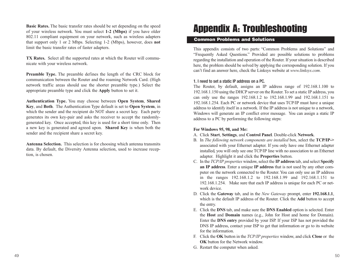 Appendix a: troubleshooting | Linksys BEFW11S4 User Manual | Page 29 / 55