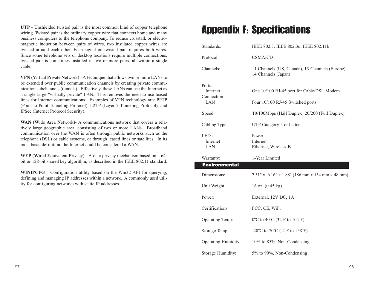 Appendix f: specifications | Linksys BEFW11S4 User Manual | Page 53 / 55