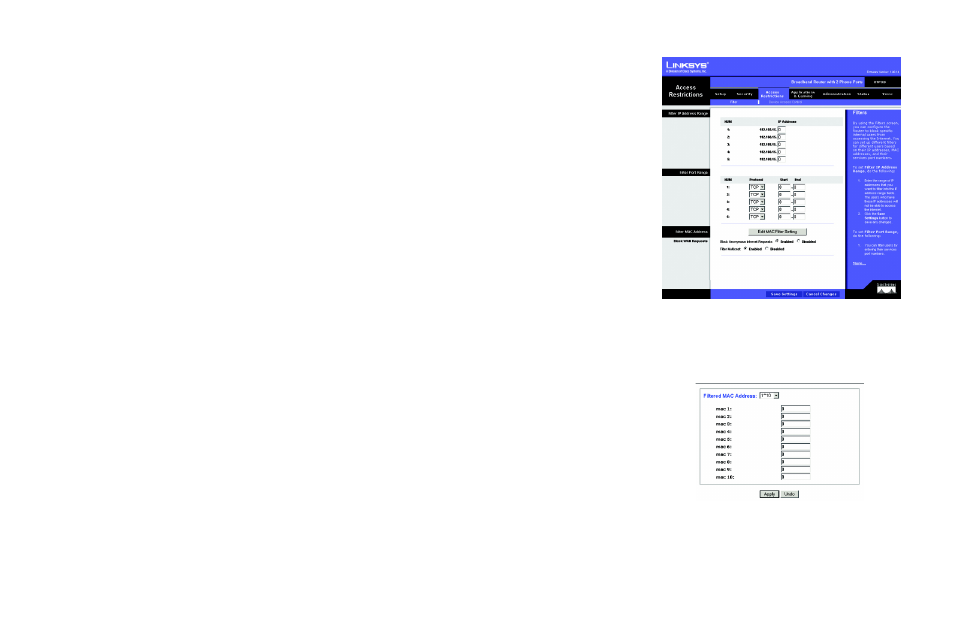 The access restrictions tab - filter | Linksys RTP300 User Manual | Page 38 / 96