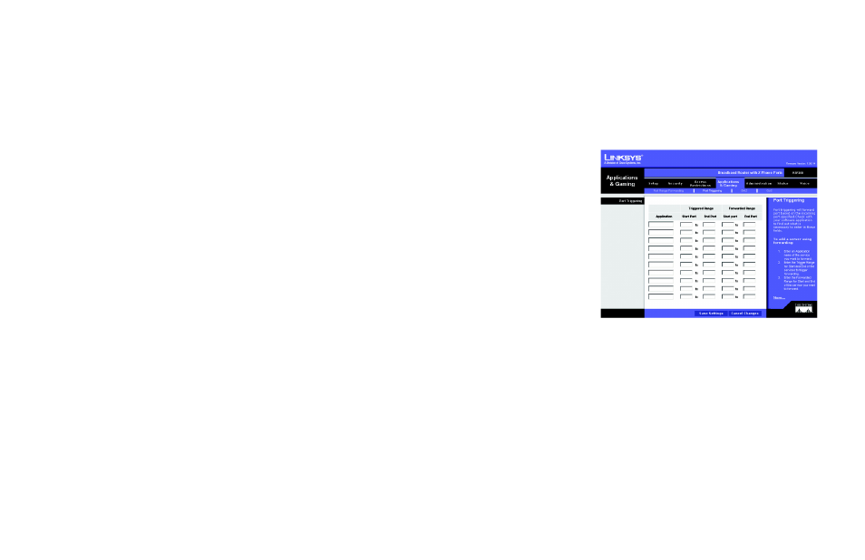 The applications & gaming tab - port triggering | Linksys RTP300 User Manual | Page 42 / 96