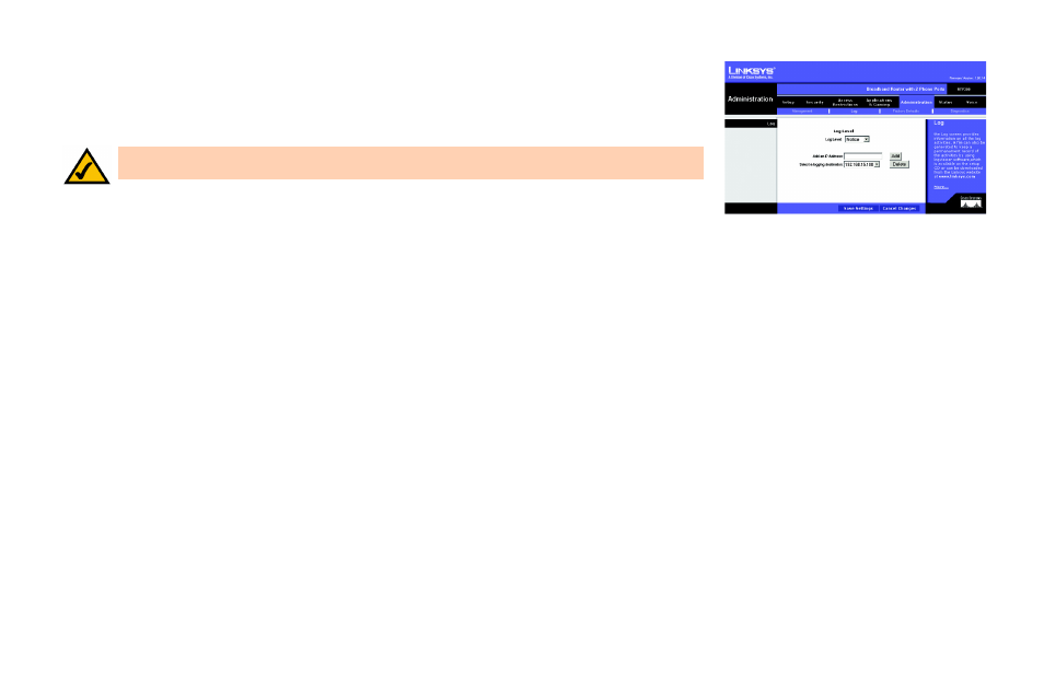 The administration tab - log | Linksys RTP300 User Manual | Page 48 / 96