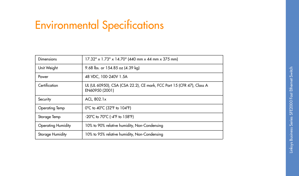 Environmental specifications | Linksys SFE2000 User Manual | Page 17 / 28