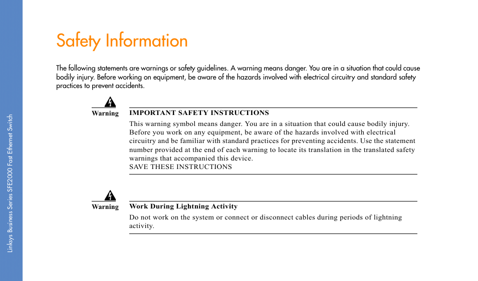 Safety information | Linksys SFE2000 User Manual | Page 18 / 28