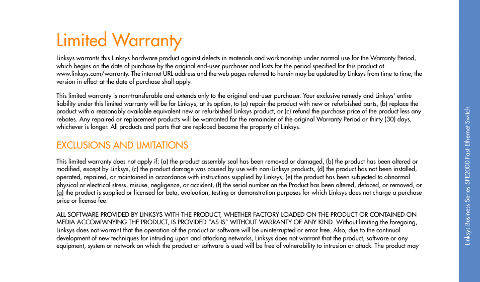 Limited warranty, Exclusions and limitations | Linksys SFE2000 User Manual | Page 25 / 28