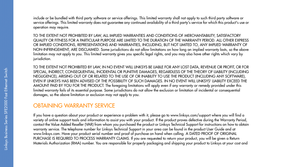 Obtaining warranty service | Linksys SFE2000 User Manual | Page 26 / 28