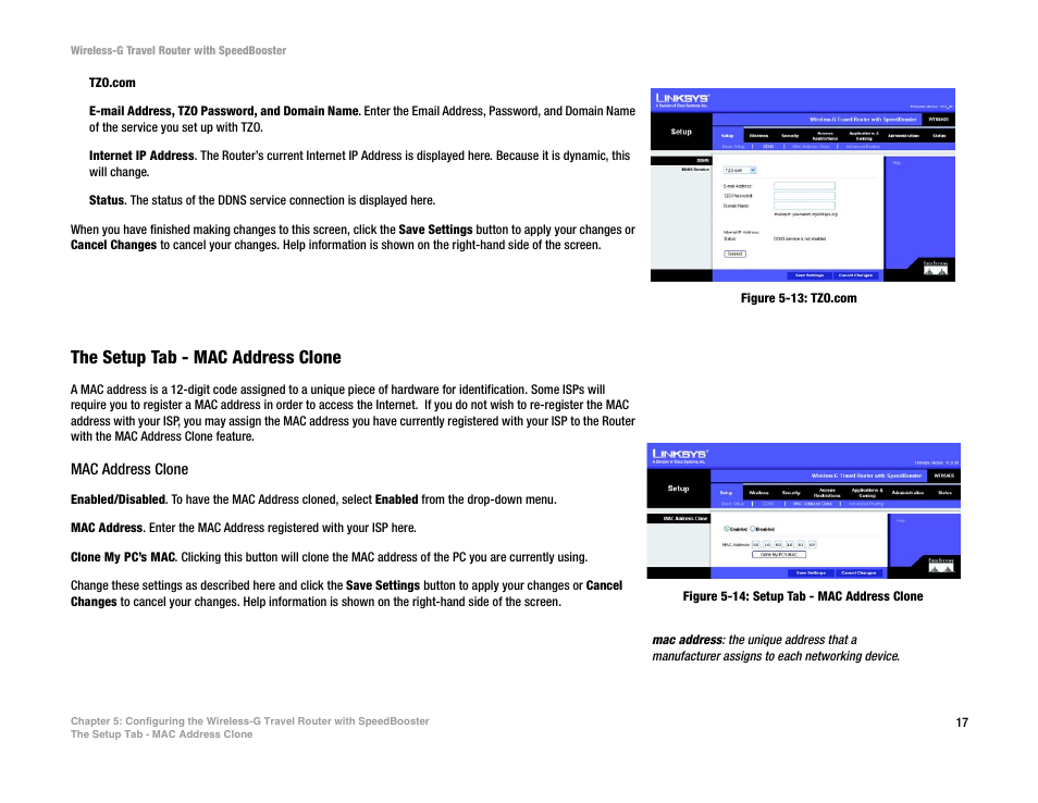 The setup tab - mac address clone | Linksys WTR54GS User Manual | Page 23 / 86