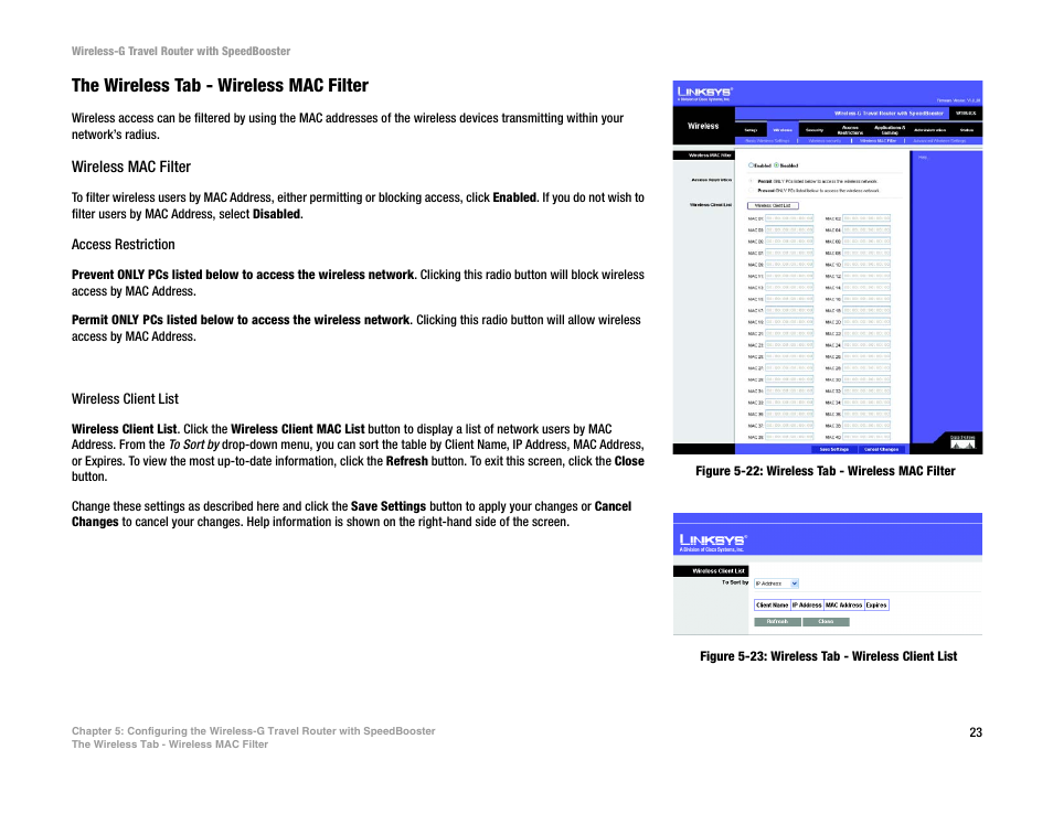 The wireless tab - wireless mac filter | Linksys WTR54GS User Manual | Page 29 / 86
