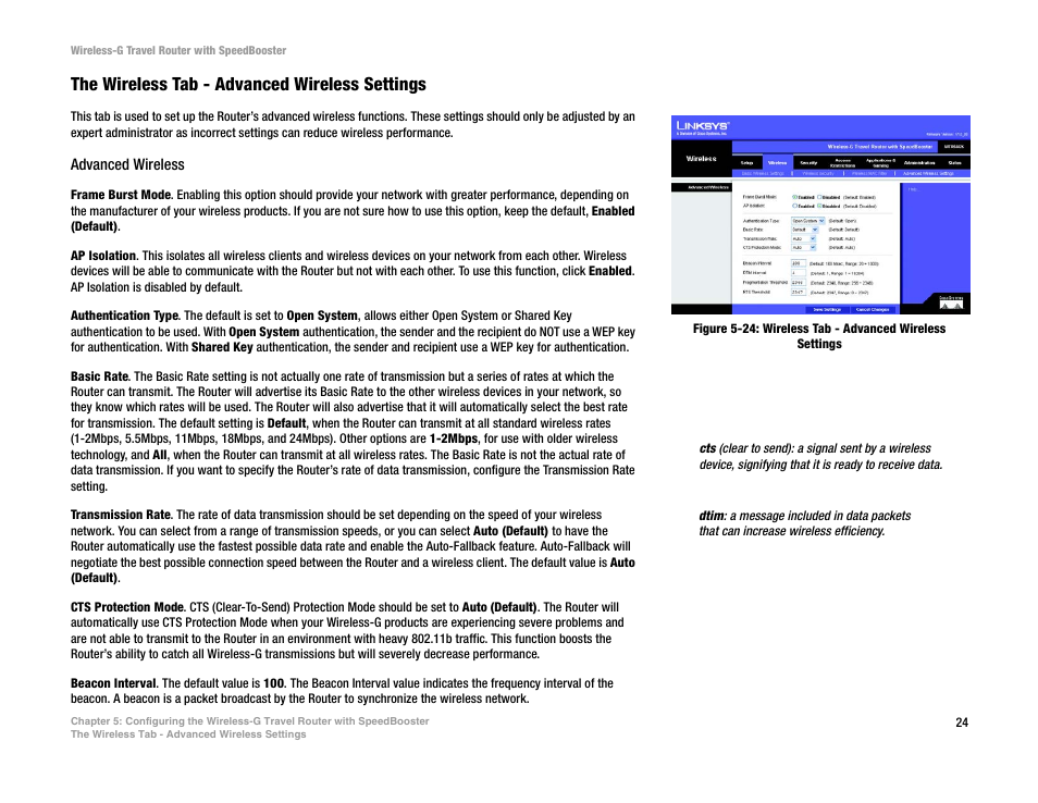 The wireless tab - advanced wireless settings | Linksys WTR54GS User Manual | Page 30 / 86