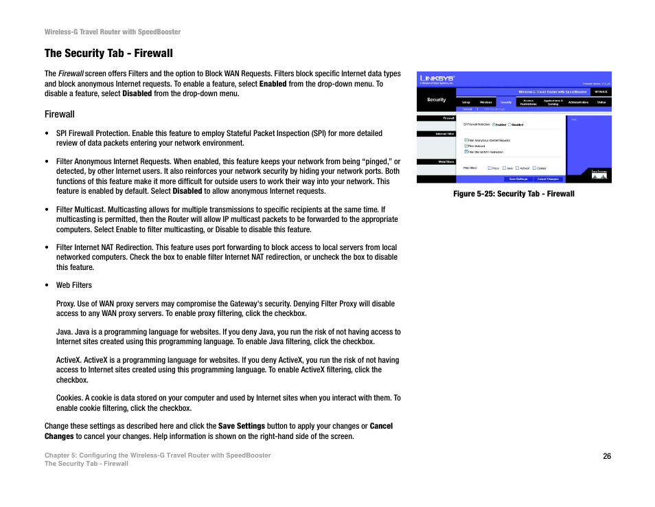 The security tab - firewall | Linksys WTR54GS User Manual | Page 32 / 86