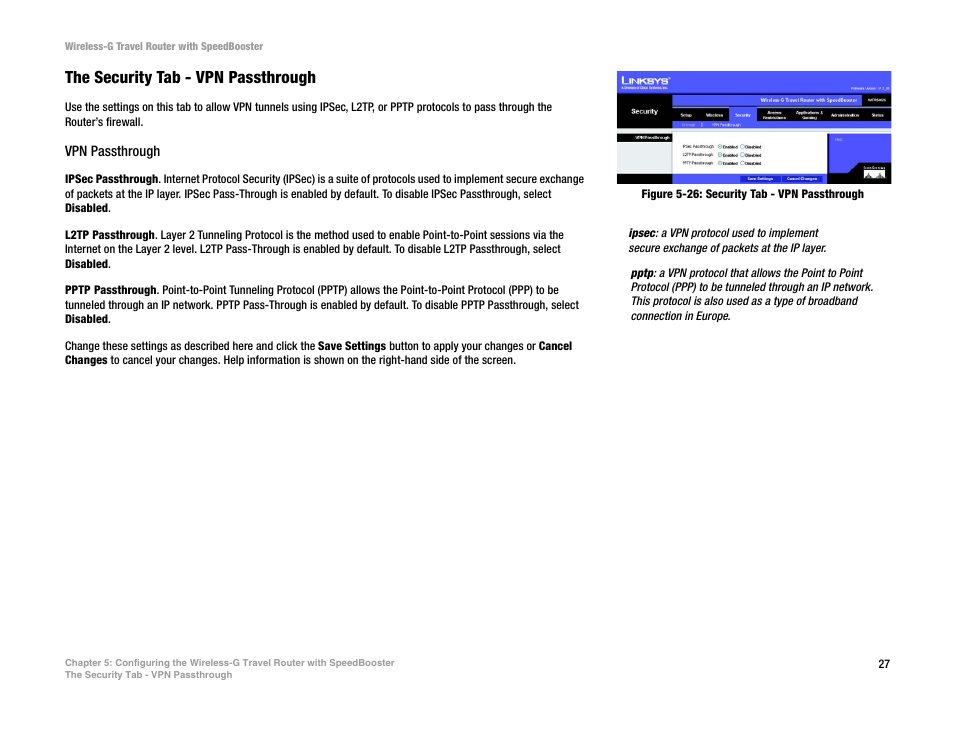 The security tab - vpn passthrough | Linksys WTR54GS User Manual | Page 33 / 86