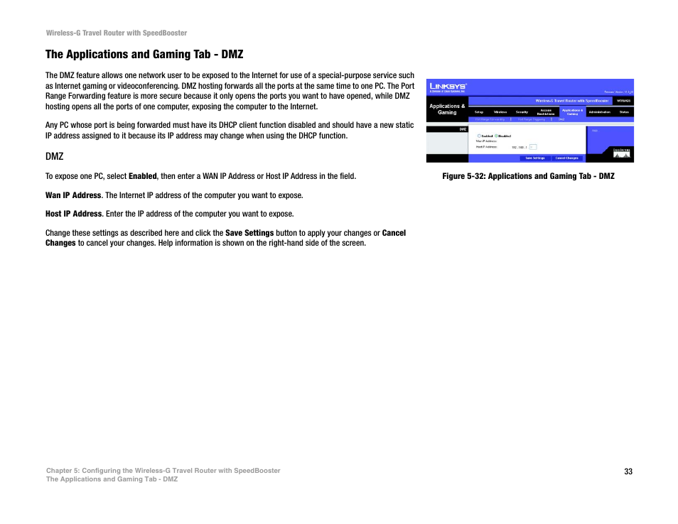 The applications and gaming tab - dmz | Linksys WTR54GS User Manual | Page 39 / 86