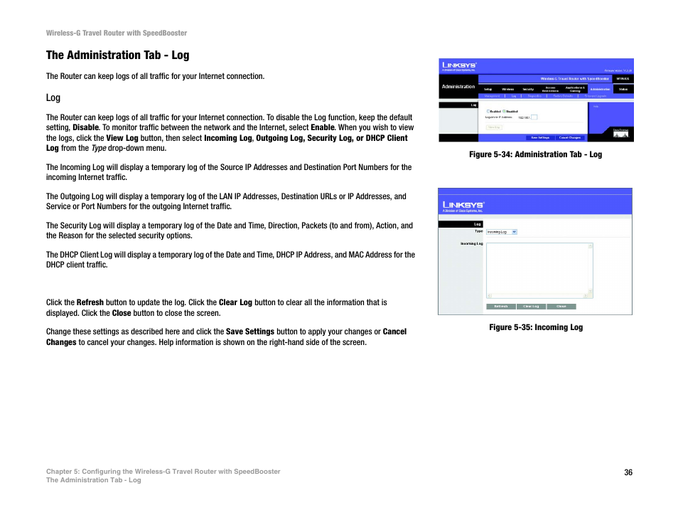 The administration tab - log | Linksys WTR54GS User Manual | Page 42 / 86