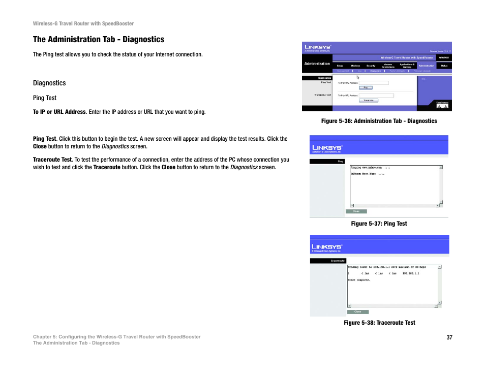 The administration tab - diagnostics | Linksys WTR54GS User Manual | Page 43 / 86
