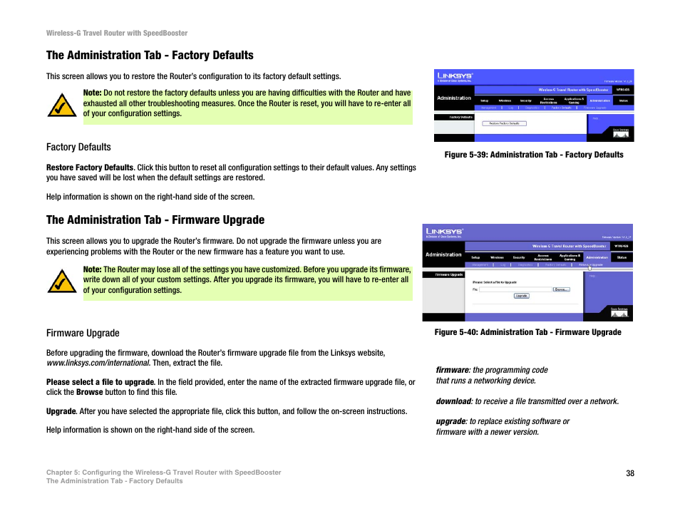 The administration tab - factory defaults, The administration tab - firmware upgrade | Linksys WTR54GS User Manual | Page 44 / 86