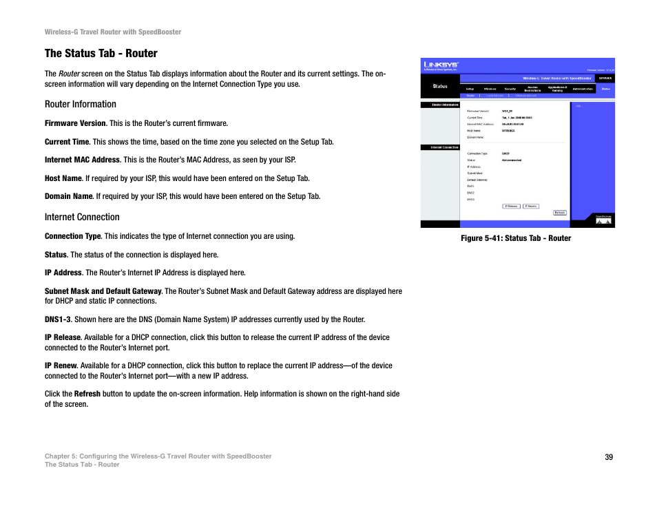 The status tab - router | Linksys WTR54GS User Manual | Page 45 / 86