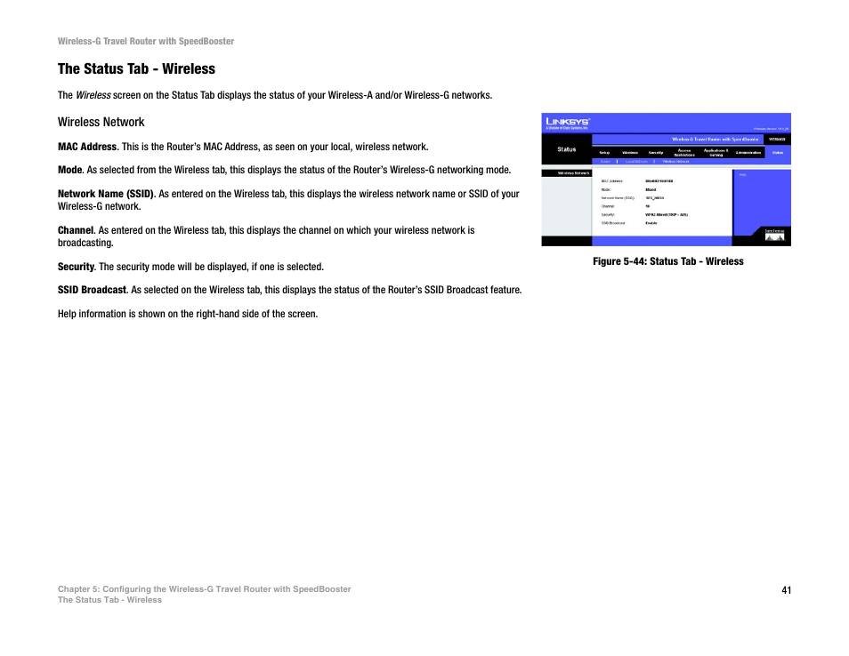 The status tab - wireless | Linksys WTR54GS User Manual | Page 47 / 86