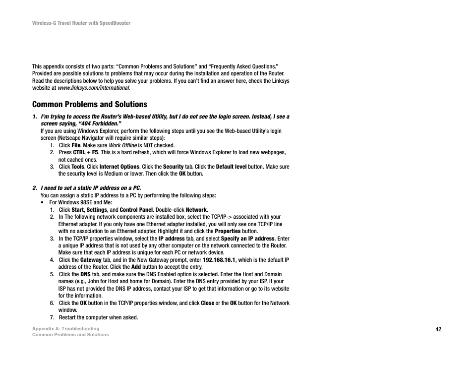 Appendix a: troubleshooting, Common problems and solutions | Linksys WTR54GS User Manual | Page 48 / 86