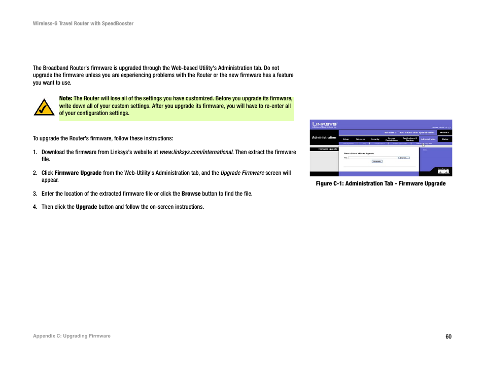 Appendix c: upgrading firmware | Linksys WTR54GS User Manual | Page 66 / 86