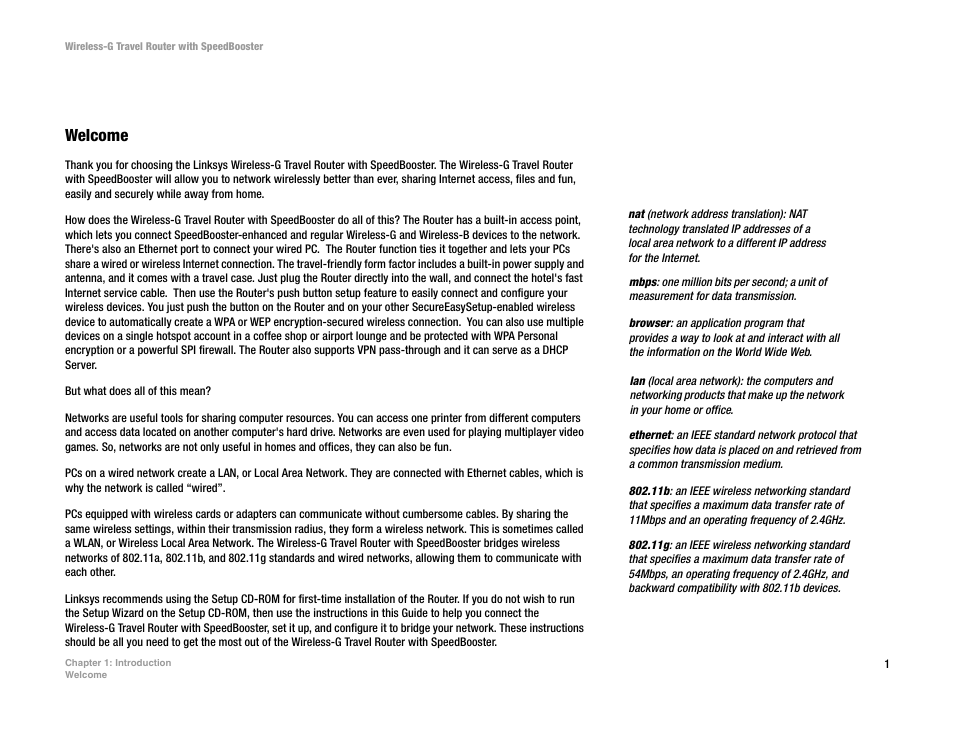 Chapter 1: introduction, Welcome | Linksys WTR54GS User Manual | Page 7 / 86