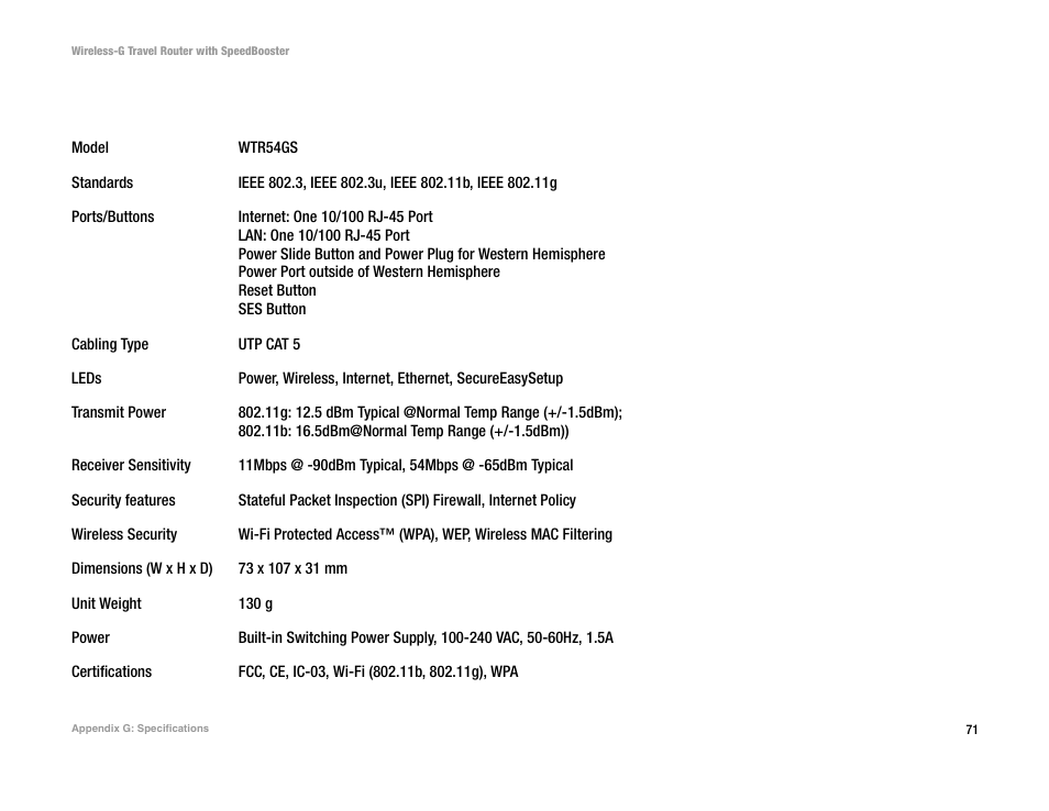 Appendix g: specifications | Linksys WTR54GS User Manual | Page 77 / 86