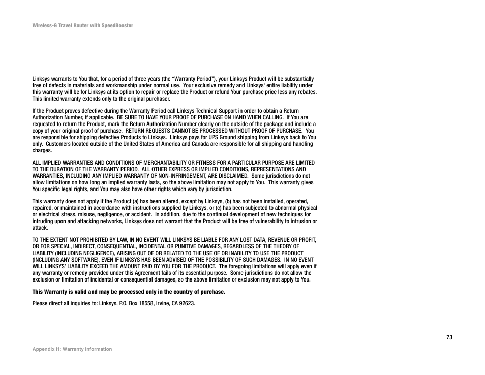Appendix h: warranty information | Linksys WTR54GS User Manual | Page 79 / 86
