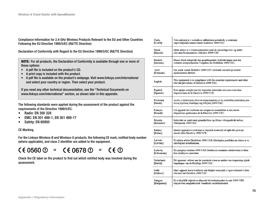 Appendix i: regulatory information | Linksys WTR54GS User Manual | Page 80 / 86