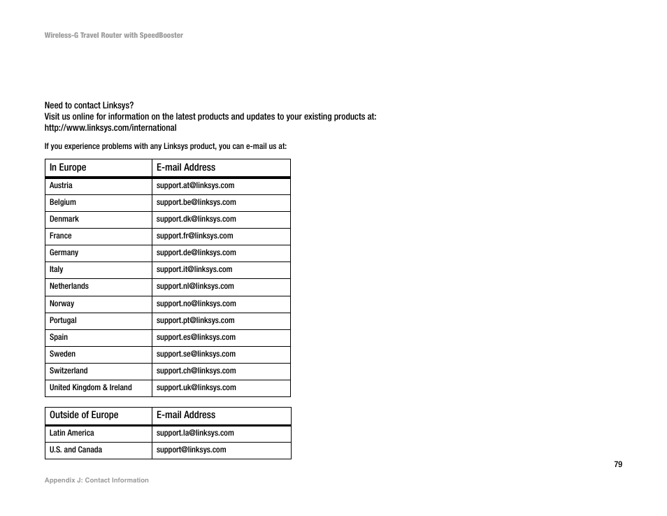 Appendix j: contact information | Linksys WTR54GS User Manual | Page 85 / 86