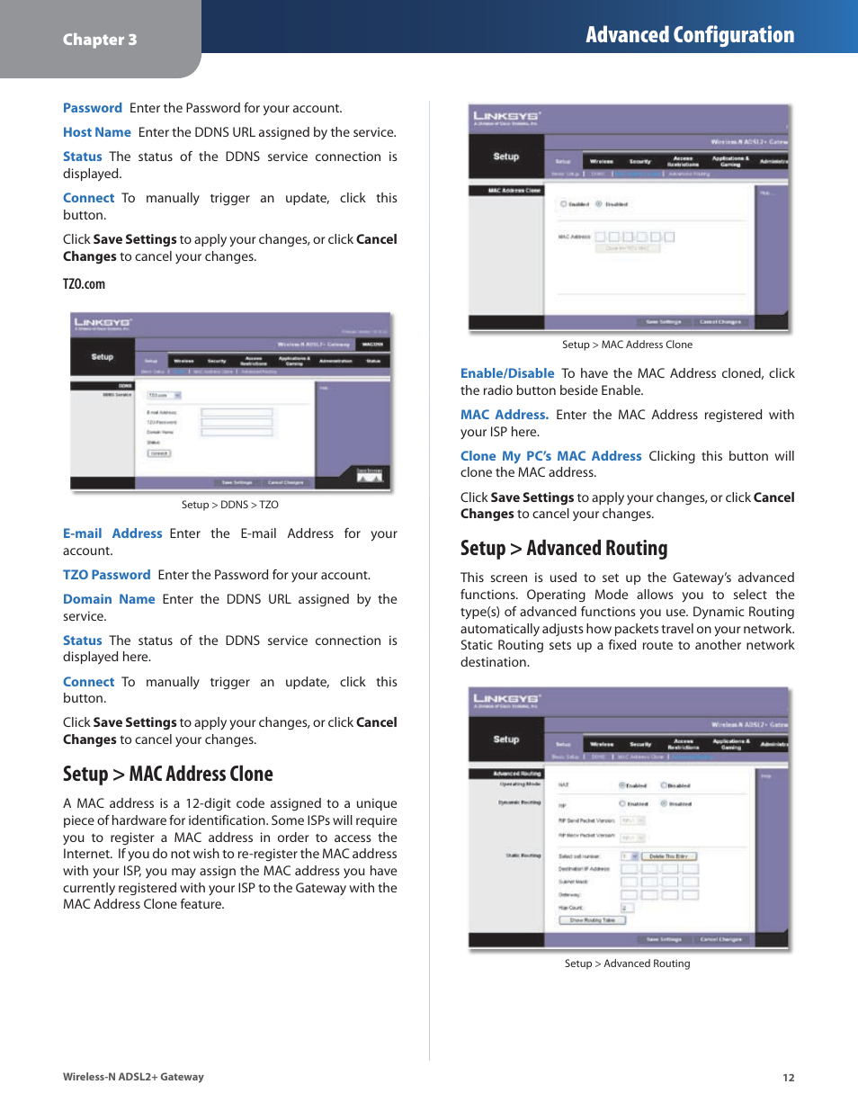 Setup > mac address clone, Setup > advanced routing, Setup > mac address clone setup > advanced routing | Advanced configuration | Linksys WAG325N User Manual | Page 13 / 43