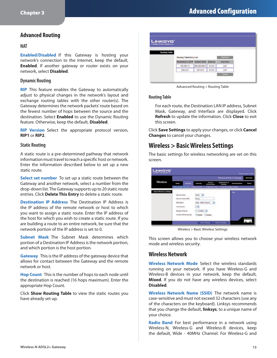 Advanced configuration, Wireless > basic wireless settings, Advanced routing | Wireless network | Linksys WAG325N User Manual | Page 14 / 43