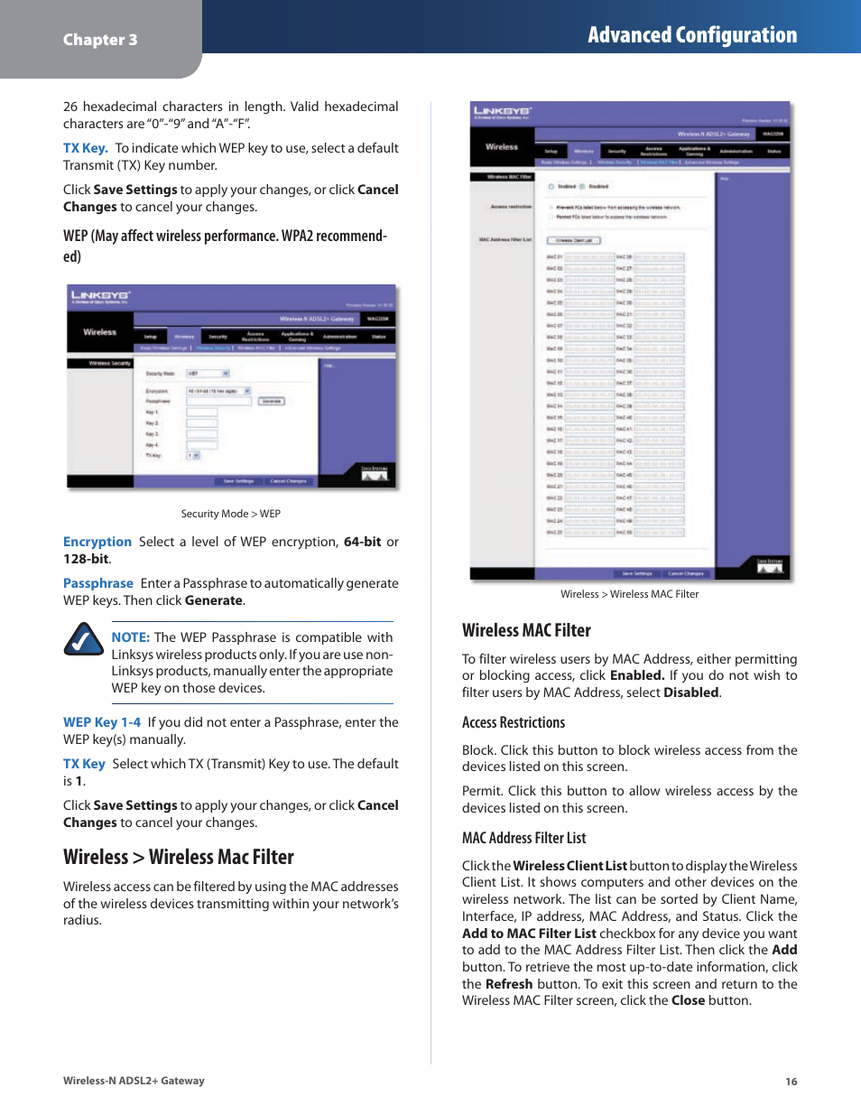 Wireless > wireless mac filter, Advanced configuration, Wireless mac filter | Linksys WAG325N User Manual | Page 17 / 43