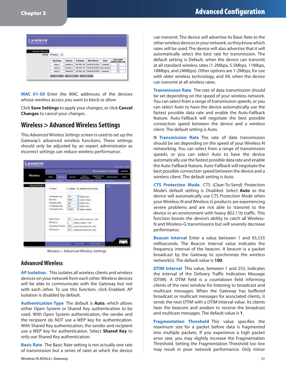 Wireless > advanced wireless settings, Advanced configuration, Advanced wireless | Linksys WAG325N User Manual | Page 18 / 43