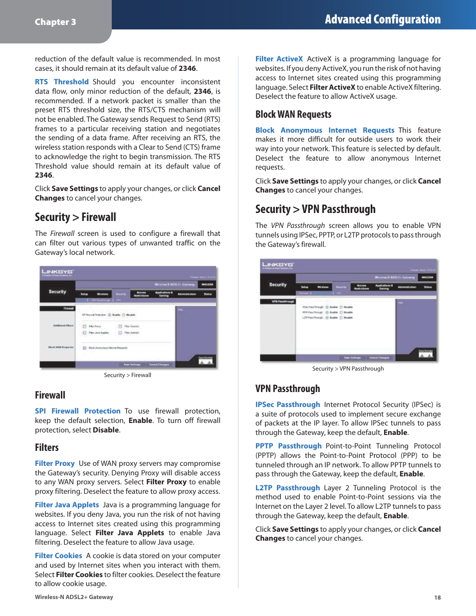 Security > firewall, Security > vpn passthrough, Security > firewall security > vpn passthrough | Advanced configuration, Firewall, Filters, Block wan requests, Vpn passthrough | Linksys WAG325N User Manual | Page 19 / 43