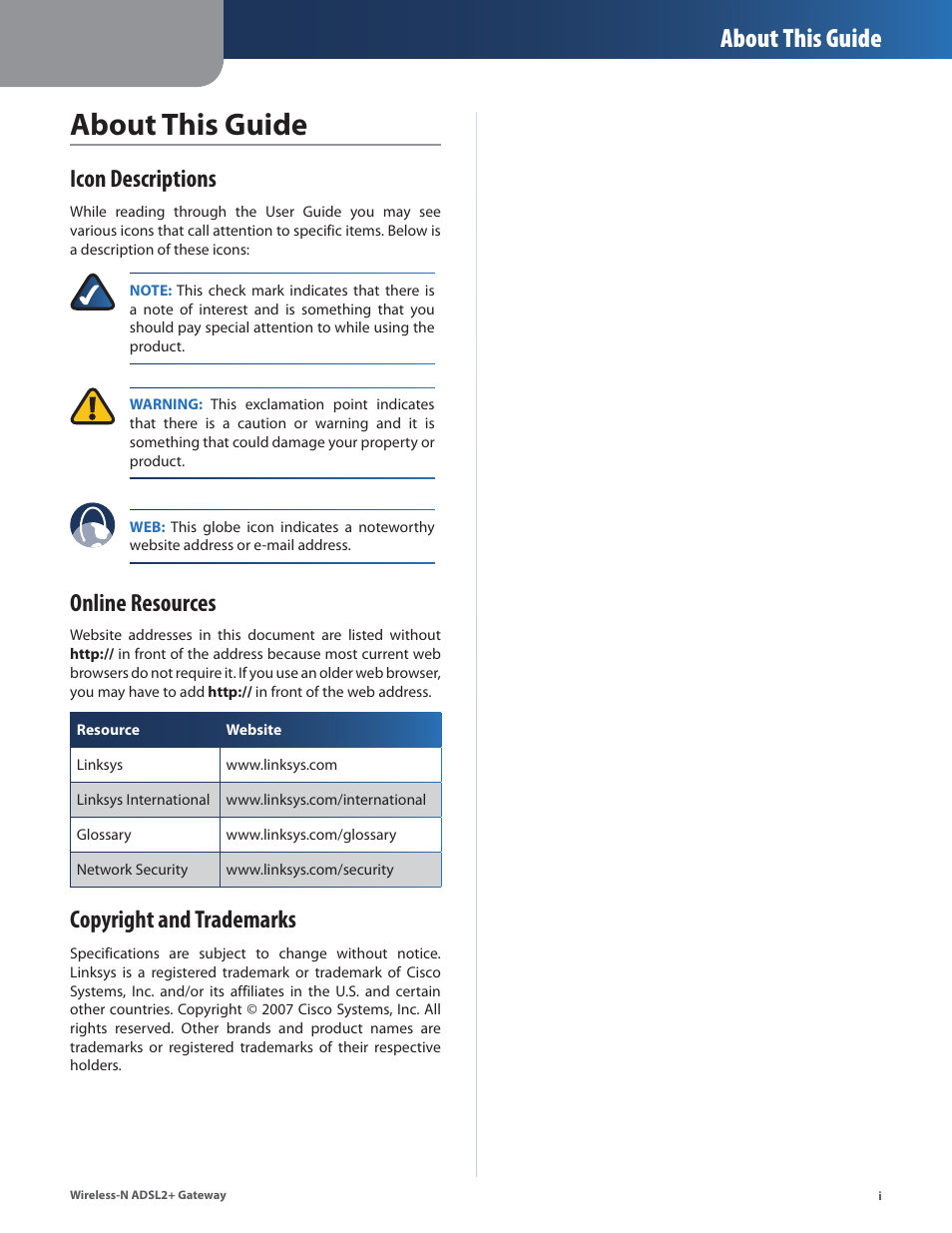 About ths gude, About this guide, Icon descriptions | Online resources, Copyright and trademarks | Linksys WAG325N User Manual | Page 2 / 43