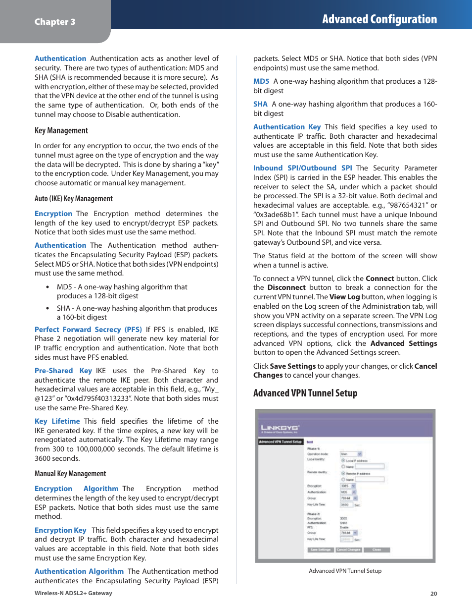 Advanced configuration, Advanced vpn tunnel setup | Linksys WAG325N User Manual | Page 21 / 43