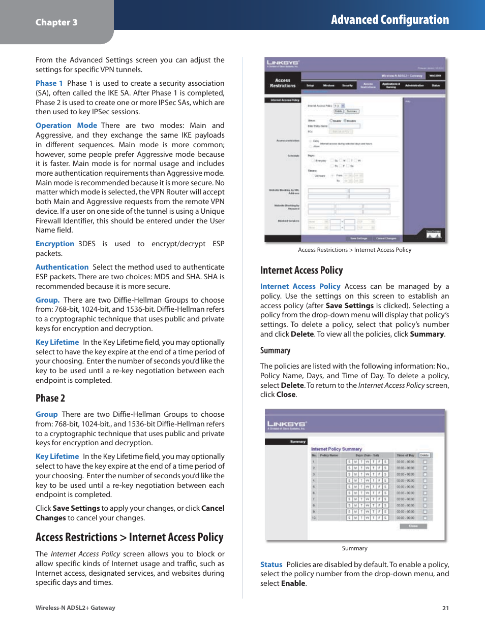 Access restrictions > internet access policy, Advanced configuration, Phase 2 | Internet access policy | Linksys WAG325N User Manual | Page 22 / 43