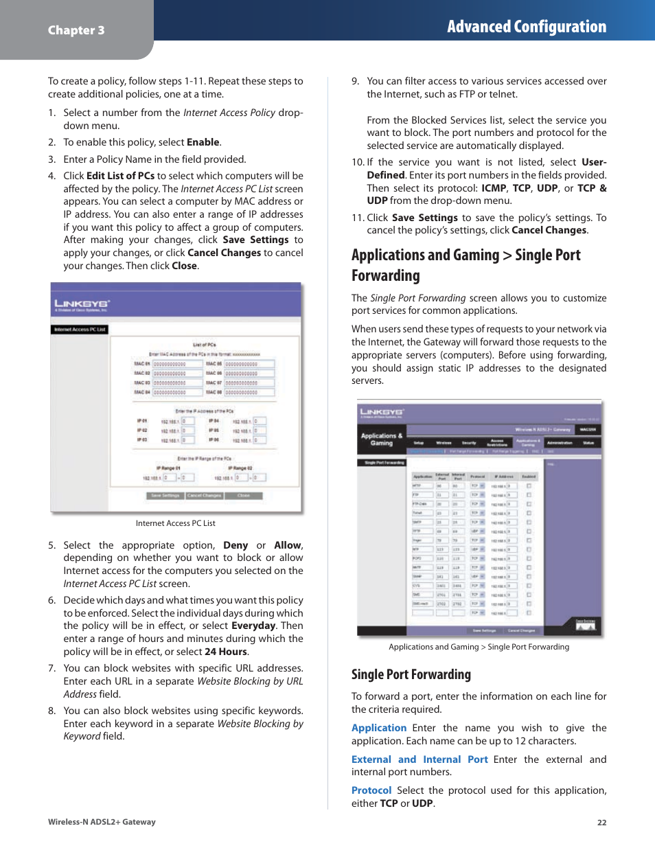 Applications and gaming > single port forwarding, Advanced configuration, Single port forwarding | Linksys WAG325N User Manual | Page 23 / 43