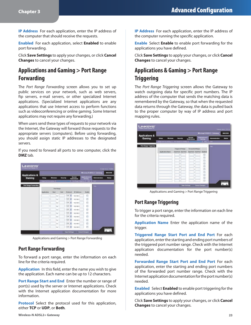 Applications and gaming > port range forwarding, Applications & gaming > port range triggering, Advanced configuration | Port range forwarding, Port range triggering | Linksys WAG325N User Manual | Page 24 / 43
