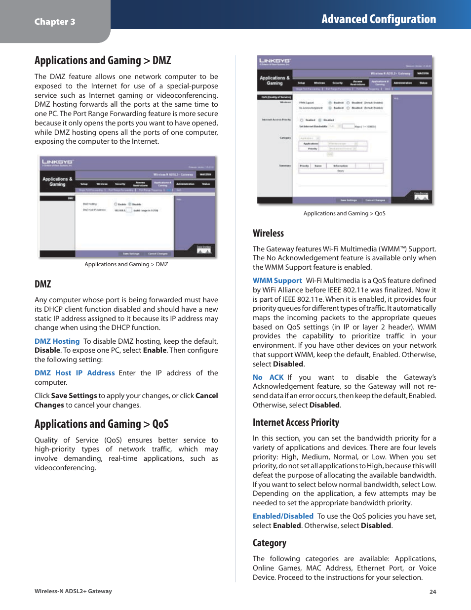 Applications and gaming > dmz, Applications and gaming > qos, Advanced configuration | Wireless, Internet access priority, Category | Linksys WAG325N User Manual | Page 25 / 43